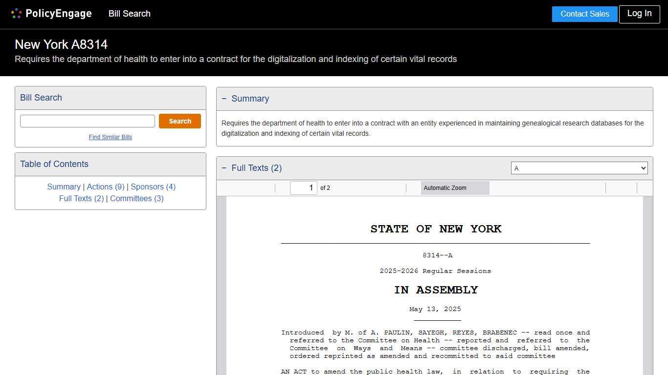 A8314 New York 2025-2026 Requires the department of health to enter into a contract for the digitalization and indexing of certain vital records - Legislative Tracking PolicyEngage